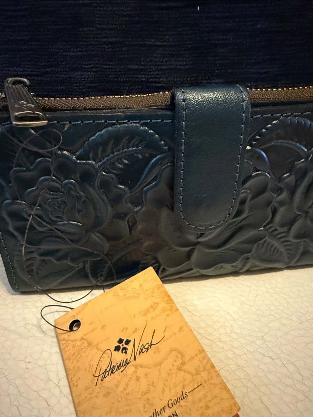 Patricia Nash Caribbean Blue Floral Embossed Leather Wallet